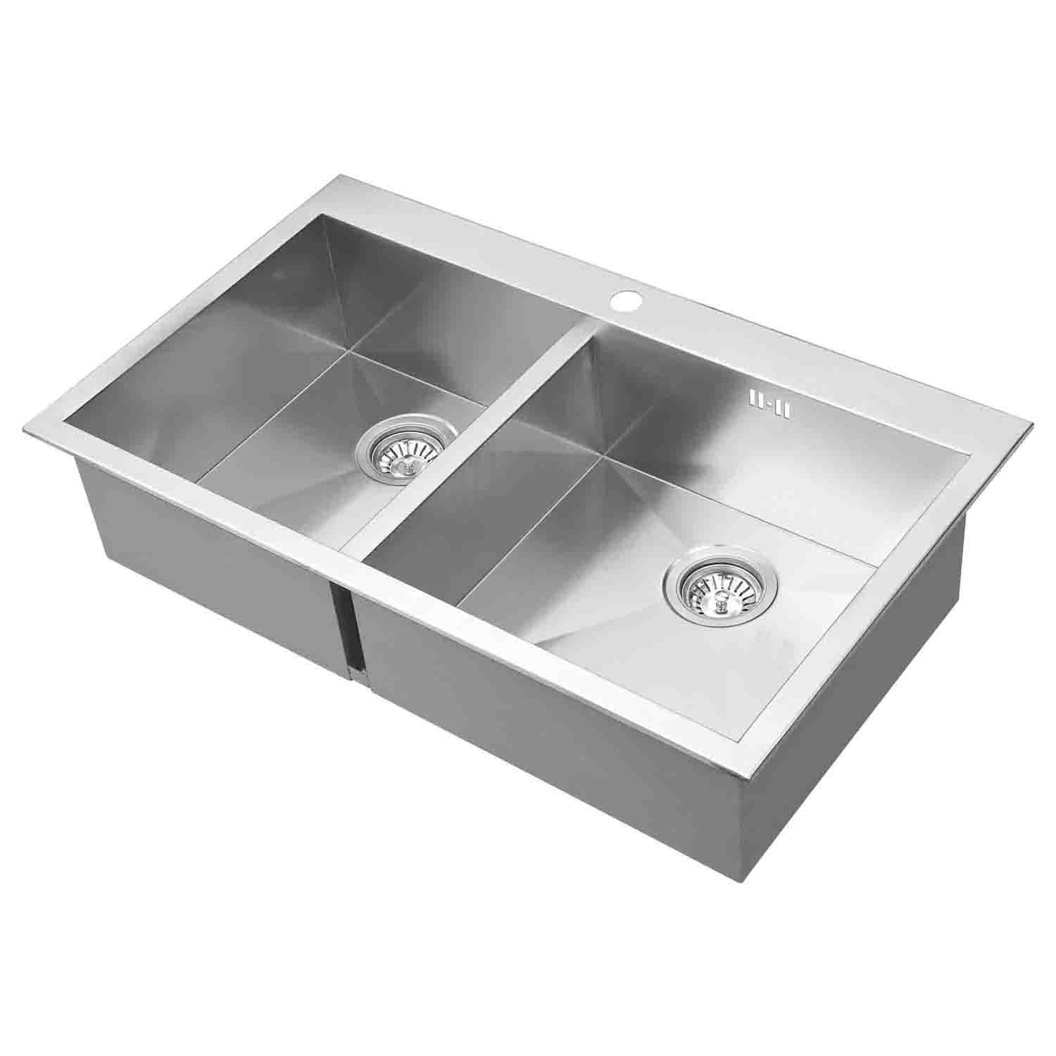 DAX Handmade Double Bowl Top Mount Kitchen Sink, 18 Gauge Stainless Steel, Brushed Finish, 34 x 20 x 8 Inches (DAX-AT860)