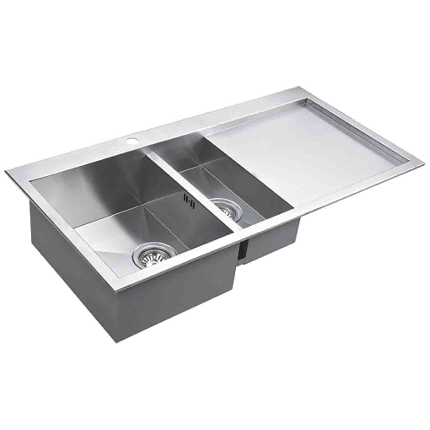 DAX Handmade Double Bowl Top Mount Kitchen Sink with Draining Board, 18 Gauge Stainless Steel, Brushed Finish, 34 x 20 x 8 Inches (DAX-AT100DP)