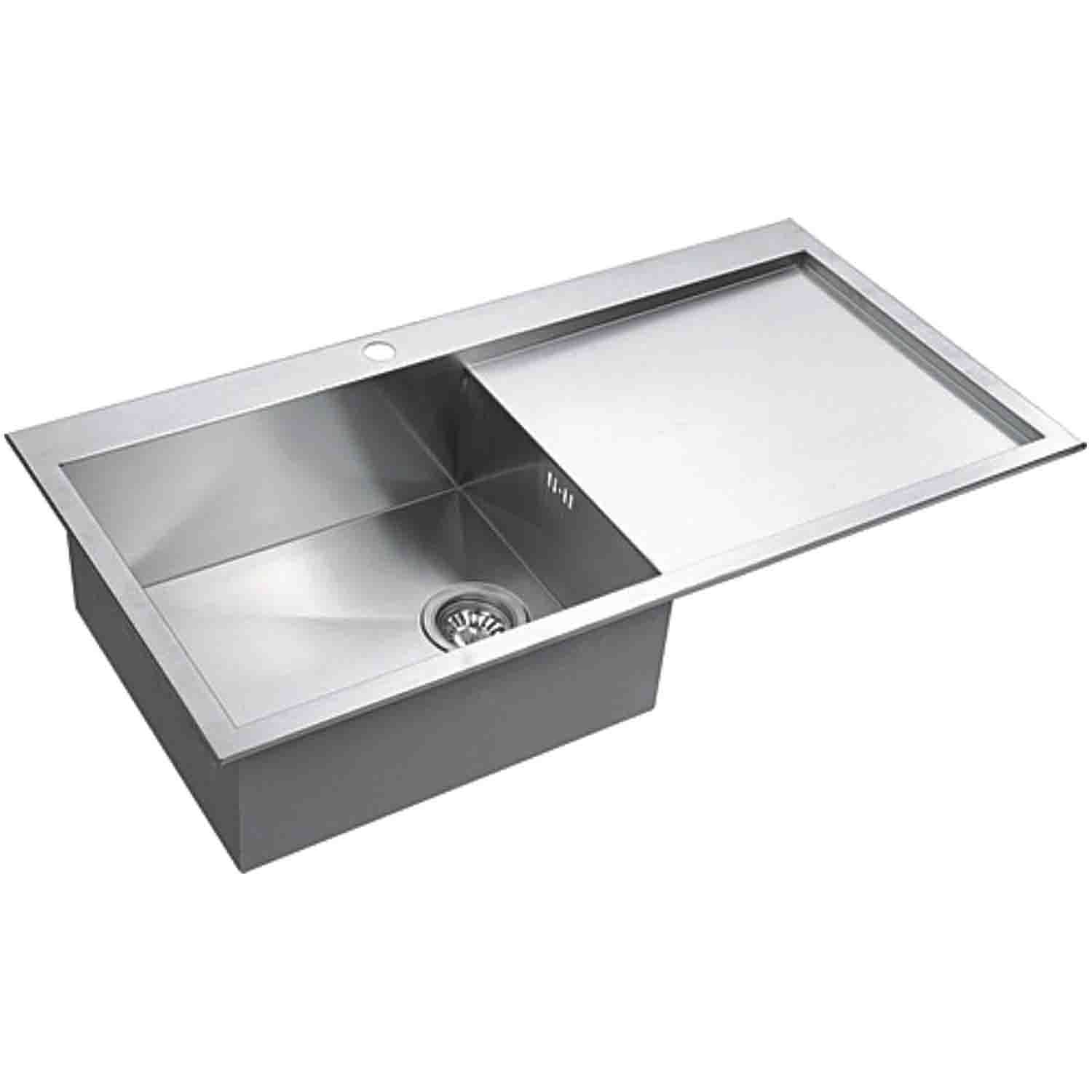 DAX Handmade Single Bowl Top Mount Kitchen Sink with Draining Board, 18 Gauge Stainless Steel, Brushed Finish, 40 x 20 x 8 Inches (DAX-AT100SP)