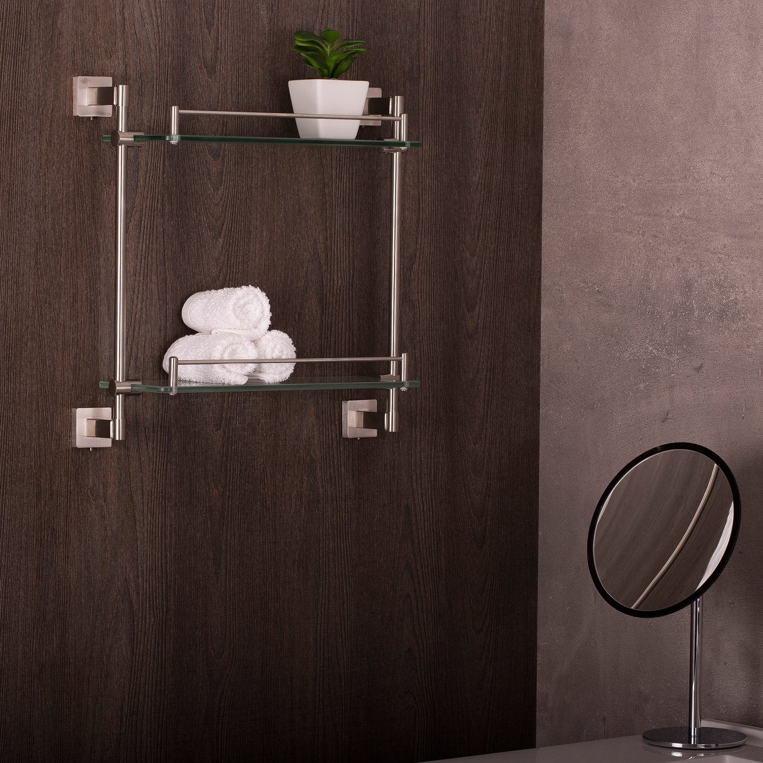 DAX Bathroom Double Tempered Glass Shelf, Wall Mount Stainless Steel, Polish Finish, 16-7/16 x 15-7/8 x 5-5/16 Inches (DAX-G0101-P)