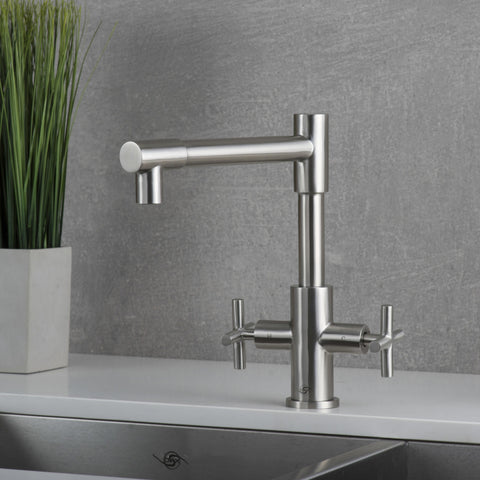 DAX Double Handle Kitchen Faucet, Stainless Steel Body, Brushed Finish, Size 9-5/16 x 11-3/16 Inches (DAX-009-03)