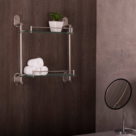 DAX Bathroom Double Tempered Glass Shelf, Wall Mount Stainless Steel, Satin Finish, 16-5/16 x 18-7/8 x 5-5/16 Inches (DAX-G0201-S)