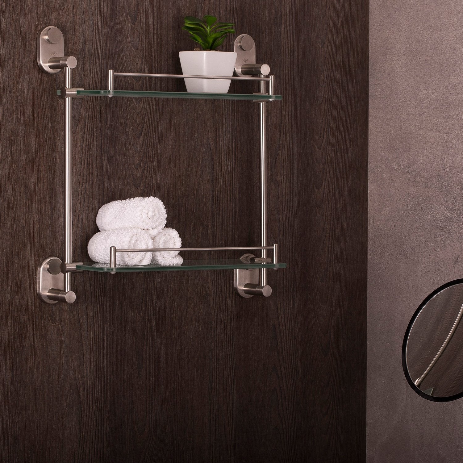 DAX Bathroom Double Tempered Glass Shelf, Wall Mount Stainless Steel, Polish Finish, 16-5/16 x 18-7/8 x 5-5/16 Inches (DAX-G0201-P)