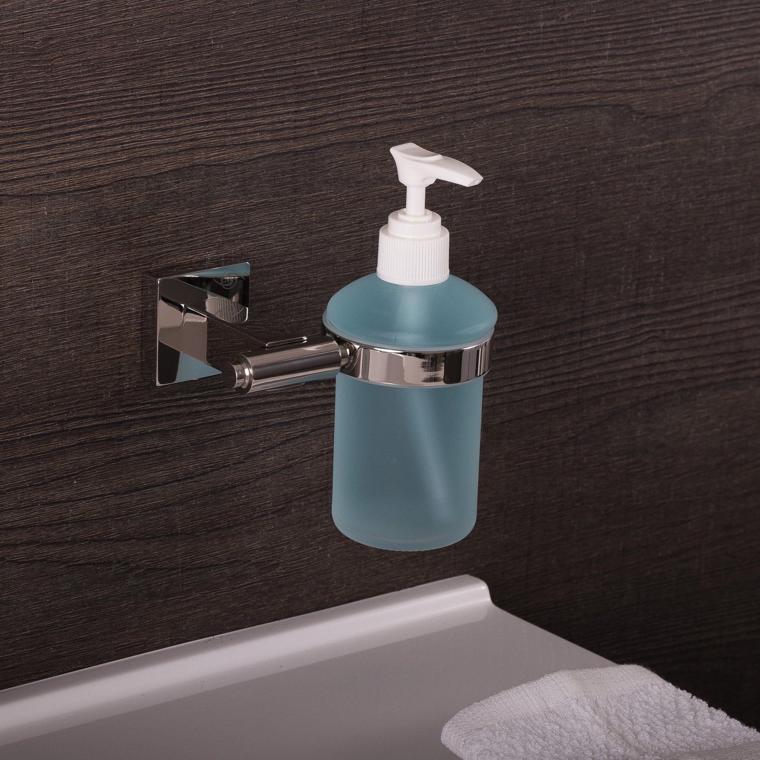 DAX Stainless Steel Soap Dispenser with Glass Bottle, Wall Mount, Satin Finish, 6-1/2 x 4-1/2 x 3-3/4 Inches (DAX-G0113-S)