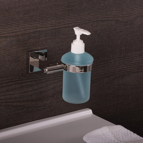 DAX Stainless Steel Soap Dispenser with Glass Bottle, Wall Mount, Satin Finish, 6-1/2 x 4-1/2 x 3-3/4 Inches (DAX-G0113-S)