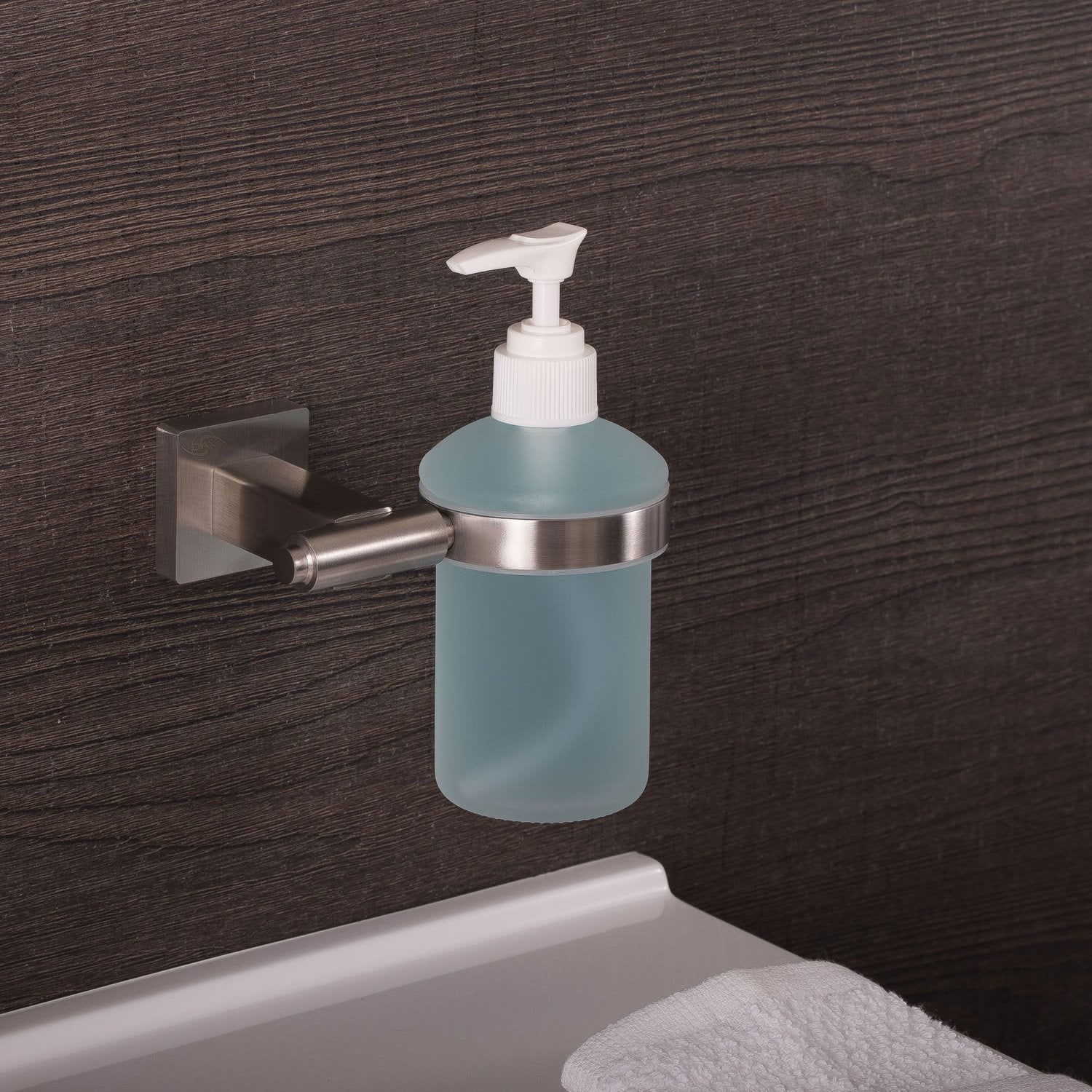 DAX Stainless Steel Soap Dispenser with Glass Bottle, Wall Mount, Polish Finish, 6-1/2 x 4-1/2 x 3-3/4 Inches (DAX-G0113-P)