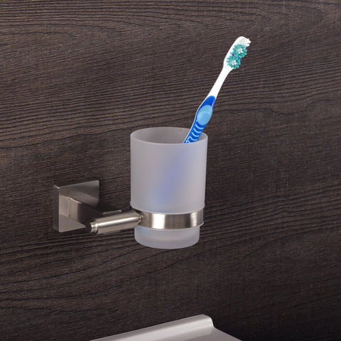 DAX Bathroom Single Tumbler Toothbrush Holder, Wall Mount Stainless Steel with Glass Cup, Polish Finish, 3-3/4 x 3-3/4 x 4-1/2 Inches (DAX-G0106-P)