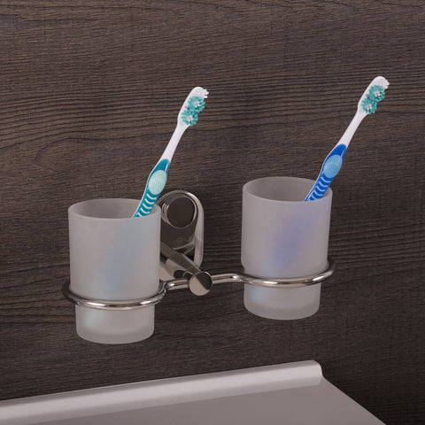 DAX Bathroom Double Tumbler Toothbrush Holder, Wall Mount Stainless Steel with Glass Cup, Satin Finish, 8-1/4 x 3-3/4 x 4-1/8 Inches (DAX-G0214-S)