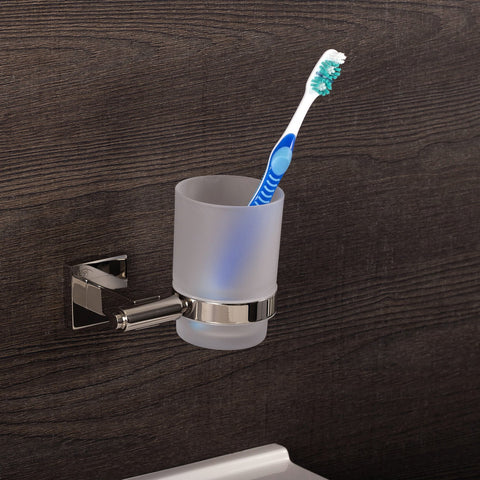 DAX Bathroom Single Tumbler Toothbrush Holder, Wall Mount Stainless Steel with Glass Cup, Satin Finish, 3-3/4 x 3-3/4 x 4-1/2 Inches (DAX-G0106-S)