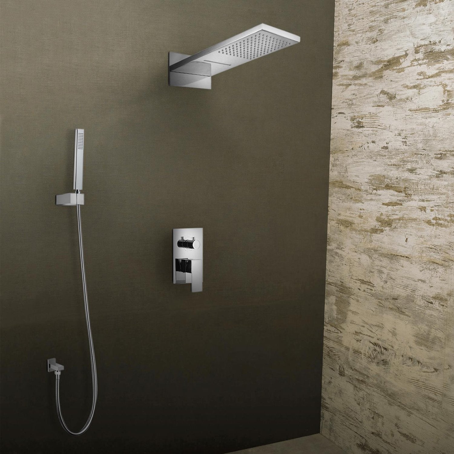 DAX Shower System, Faucet Set, with Square Rain Waterfall Shower Head and Hand Shower, Wall Mount, Brass Body, Chrome Finish (DAX-A402)