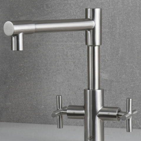 DAX Double Handle Kitchen Faucet, Stainless Steel Body, Brushed Finish, Size 9-5/16 x 11-3/16 Inches (DAX-009-03)