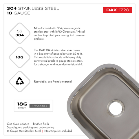 DAX Single Bowl Undermount Kitchen Sink, 18 Gauge Stainless Steel, Brushed Finish , 20-3/4 x 9 x 17-3/4  (DAX-1720)