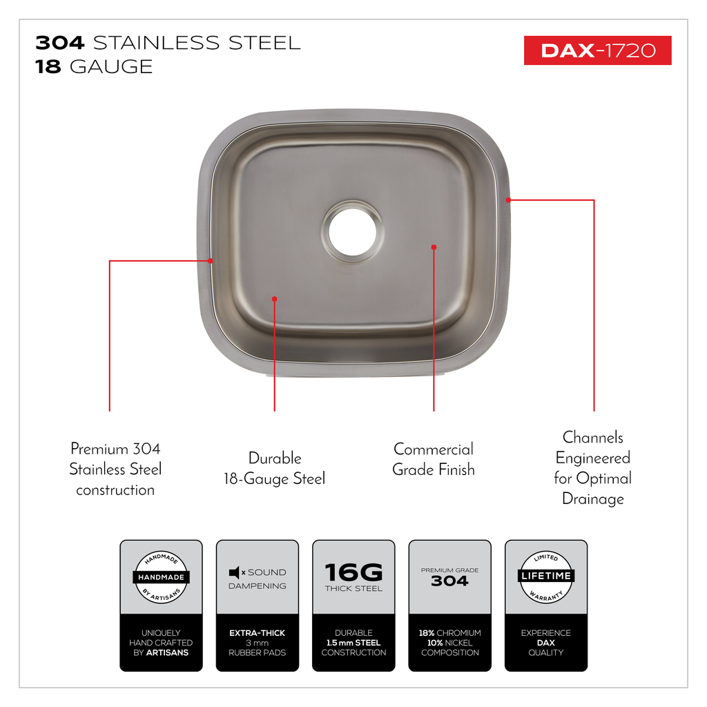 DAX Single Bowl Undermount Kitchen Sink, 18 Gauge Stainless Steel, Brushed Finish , 20-3/4 x 9 x 17-3/4  (DAX-1720)