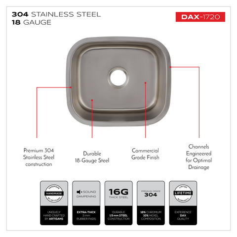 DAX Single Bowl Undermount Kitchen Sink, 18 Gauge Stainless Steel, Brushed Finish , 20-3/4 x 9 x 17-3/4  (DAX-1720)