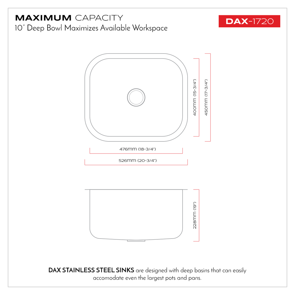 DAX Single Bowl Undermount Kitchen Sink, 18 Gauge Stainless Steel, Brushed Finish , 20-3/4 x 9 x 17-3/4  (DAX-1720)