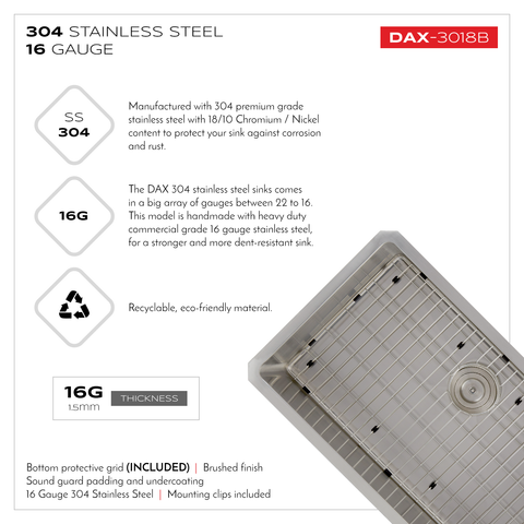 DAX Single Bowl Undermount Kitchen Sink, 16 Gauge Stainless Steel, Brushed Finish , 30 x 9 x 18 Inches (DAX-3018B)