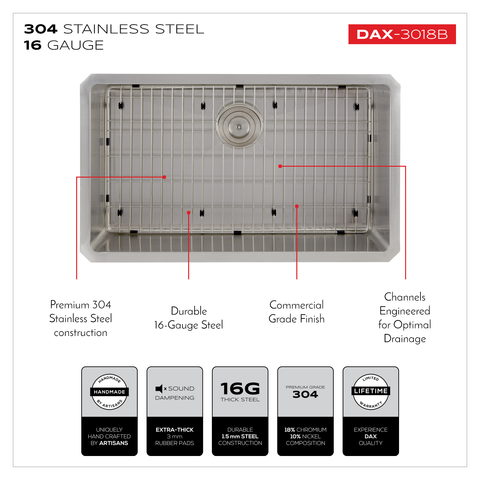 DAX Single Bowl Undermount Kitchen Sink, 16 Gauge Stainless Steel, Brushed Finish , 30 x 9 x 18 Inches (DAX-3018B)