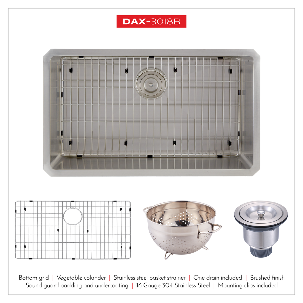 DAX Single Bowl Undermount Kitchen Sink, 16 Gauge Stainless Steel, Brushed Finish , 30 x 9 x 18 Inches (DAX-3018B)