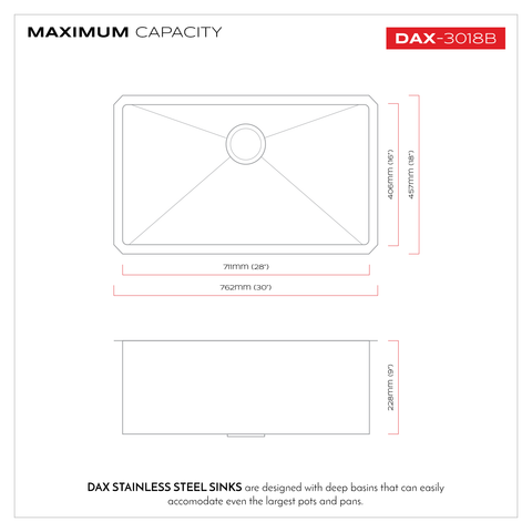 DAX Single Bowl Undermount Kitchen Sink, 16 Gauge Stainless Steel, Brushed Finish , 30 x 9 x 18 Inches (DAX-3018B)