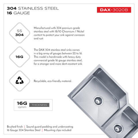 DAX Handmade 70/30 Double Bowl Undermount Kitchen Sink, 16 Gauge Stainless Steel, Brushed Finish, 30 x 20 x 10 Inches (DAX-3020B)