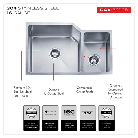 DAX Handmade 70/30 Double Bowl Undermount Kitchen Sink, 16 Gauge Stainless Steel, Brushed Finish, 30 x 20 x 10 Inches (DAX-3020B)