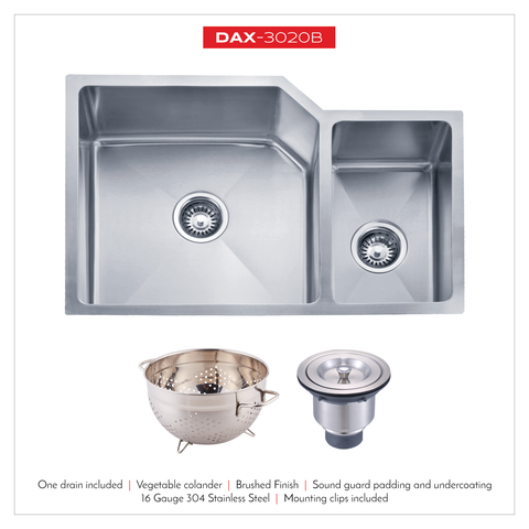 DAX Handmade 70/30 Double Bowl Undermount Kitchen Sink, 16 Gauge Stainless Steel, Brushed Finish, 30 x 20 x 10 Inches (DAX-3020B)