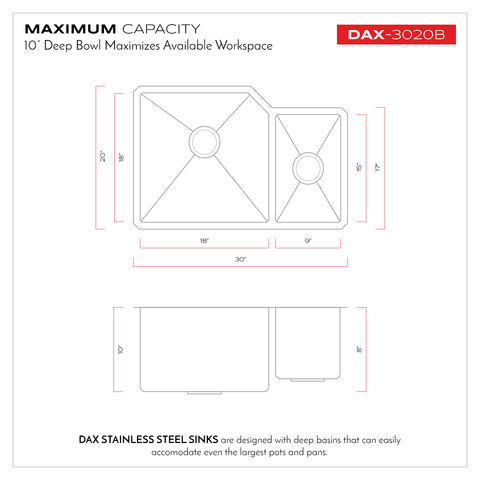 DAX Handmade 70/30 Double Bowl Undermount Kitchen Sink, 16 Gauge Stainless Steel, Brushed Finish, 30 x 20 x 10 Inches (DAX-3020B)