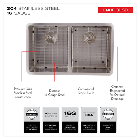 DAX 50/50 Double Bowl Undermount Kitchen Sink, 16 Gauge Stainless Steel, Brushed Finish , 32 x 9 x 19 Inches (DAX-3118B)