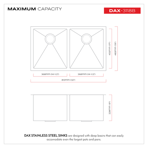 DAX 50/50 Double Bowl Undermount Kitchen Sink, 16 Gauge Stainless Steel, Brushed Finish , 32 x 9 x 19 Inches (DAX-3118B)