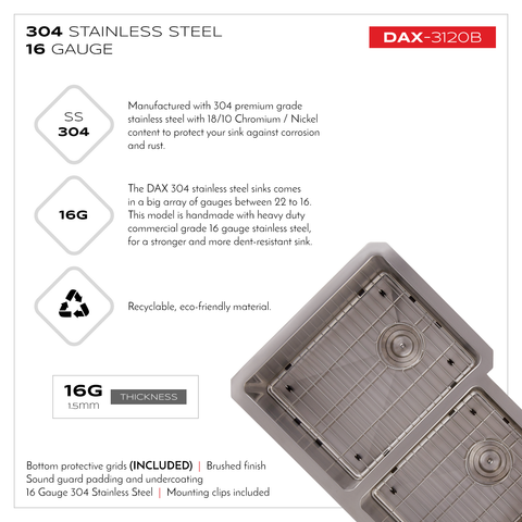 DAX 60/40 Double Bowl Undermount Kitchen Sink, 16 Gauge Stainless Steel, Brushed Finish , 31-1/4 x 9 x 20-1/2 Inches (DAX-3120B)