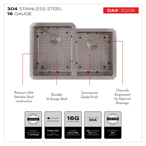 DAX 60/40 Double Bowl Undermount Kitchen Sink, 16 Gauge Stainless Steel, Brushed Finish , 31-1/4 x 9 x 20-1/2 Inches (DAX-3120B)