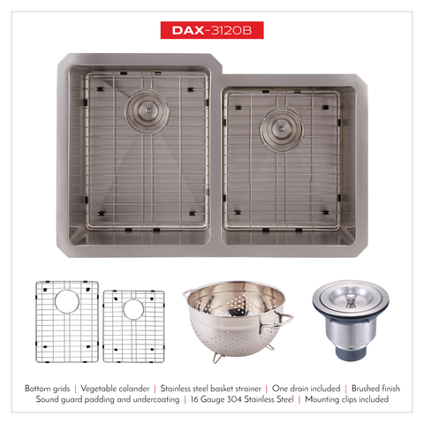 DAX 60/40 Double Bowl Undermount Kitchen Sink, 16 Gauge Stainless Steel, Brushed Finish , 31-1/4 x 9 x 20-1/2 Inches (DAX-3120B)