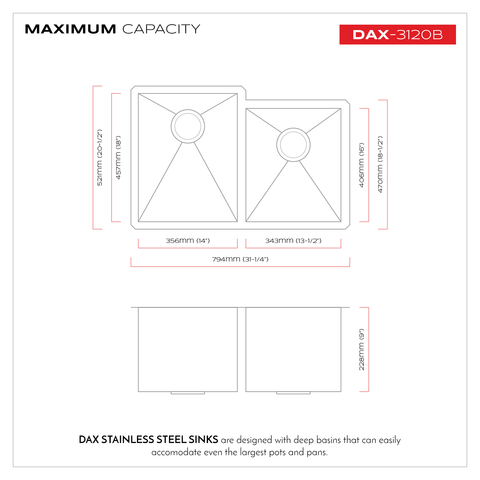 DAX 60/40 Double Bowl Undermount Kitchen Sink, 16 Gauge Stainless Steel, Brushed Finish , 31-1/4 x 9 x 20-1/2 Inches (DAX-3120B)