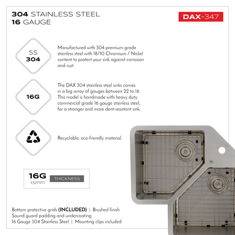 DAX Handmade Corner Double Bowl Top Mount Kitchen Sink, 16 Gauge Stainless Steel, Brushed Finish, 32-3/4 x 22-3/4 x 10 Inches (DAX-347)