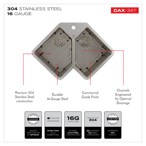 DAX Handmade Corner Double Bowl Top Mount Kitchen Sink, 16 Gauge Stainless Steel, Brushed Finish, 32-3/4 x 22-3/4 x 10 Inches (DAX-347)