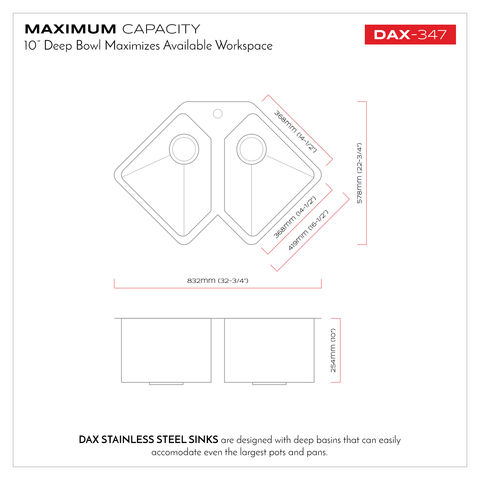 DAX Handmade Corner Double Bowl Top Mount Kitchen Sink, 16 Gauge Stainless Steel, Brushed Finish, 32-3/4 x 22-3/4 x 10 Inches (DAX-347)