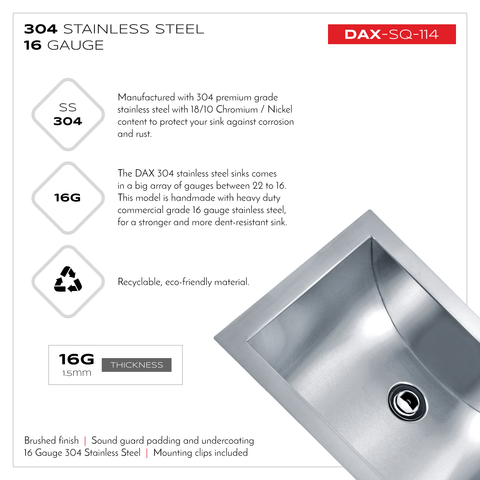 DAX Handmade Single Bowl Undermount Kitchen Sink, 16 Gauge Stainless Steel, Brushed Finish, 21 x 6 x 15 Inches (DAX-SQ-114)