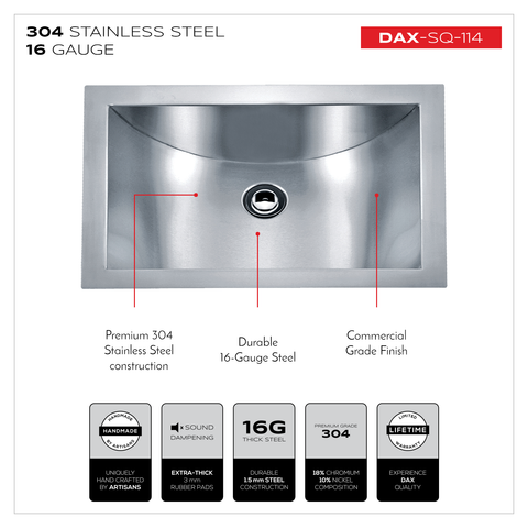 DAX Handmade Single Bowl Undermount Kitchen Sink, 16 Gauge Stainless Steel, Brushed Finish, 21 x 6 x 15 Inches (DAX-SQ-114)