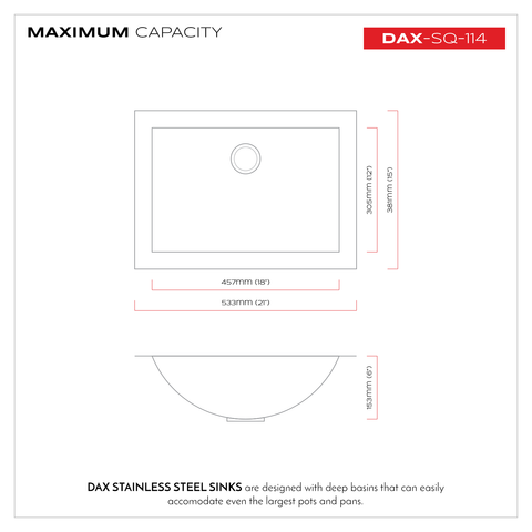 DAX Handmade Single Bowl Undermount Kitchen Sink, 16 Gauge Stainless Steel, Brushed Finish, 21 x 6 x 15 Inches (DAX-SQ-114)