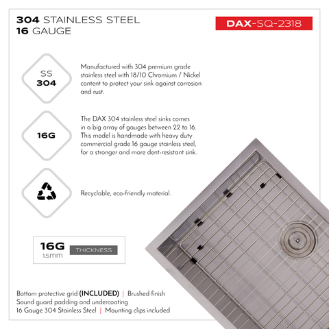 DAX Handmade Single Bowl Undermount Kitchen Sink, 16 Gauge Stainless Steel, Brushed Finish, 23 x 10 x 18 Inches (DAX-SQ-2318)