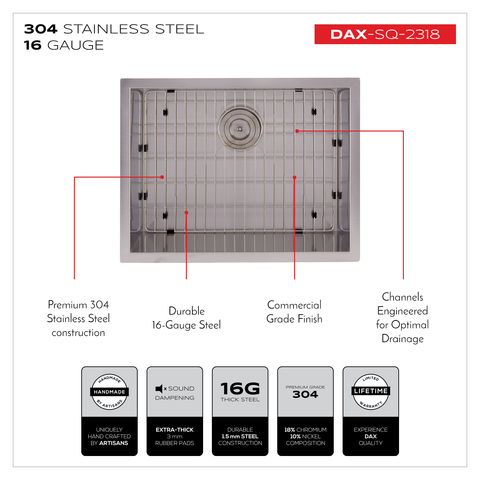 DAX Handmade Single Bowl Undermount Kitchen Sink, 16 Gauge Stainless Steel, Brushed Finish, 23 x 10 x 18 Inches (DAX-SQ-2318)