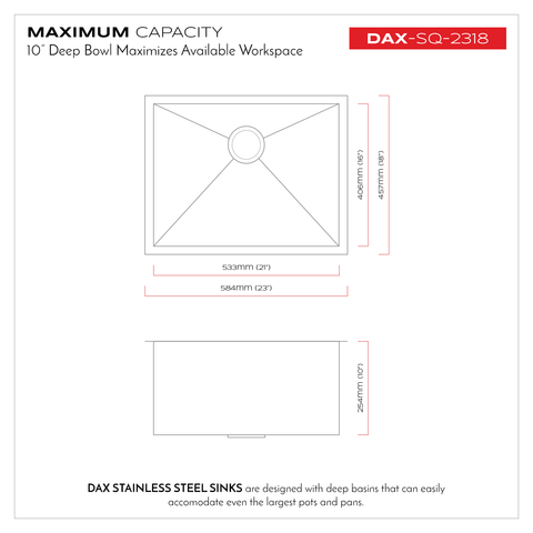 DAX Handmade Single Bowl Undermount Kitchen Sink, 16 Gauge Stainless Steel, Brushed Finish, 23 x 10 x 18 Inches (DAX-SQ-2318)