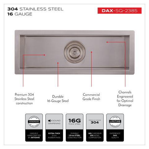 DAX Handmade Top Mount Bar Sink, 16 Gauge Stainless Steel, Brushed Finish, 23 x 8-1/2 x 6 Inches (DAX-SQ-2385)