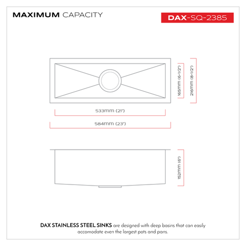 DAX Handmade Top Mount Bar Sink, 16 Gauge Stainless Steel, Brushed Finish, 23 x 8-1/2 x 6 Inches (DAX-SQ-2385)