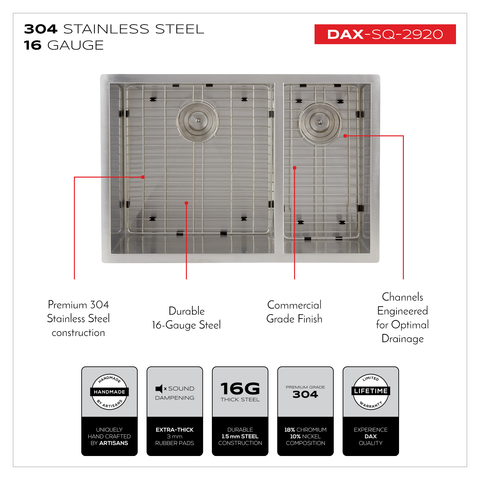 DAX Handmade 70/30 Square Double Bowl Undermount Kitchen Sink, 16 Gauge Stainless Steel, Brushed Finish, 29 x 10 x 20 Inches (DAX-SQ-2920)