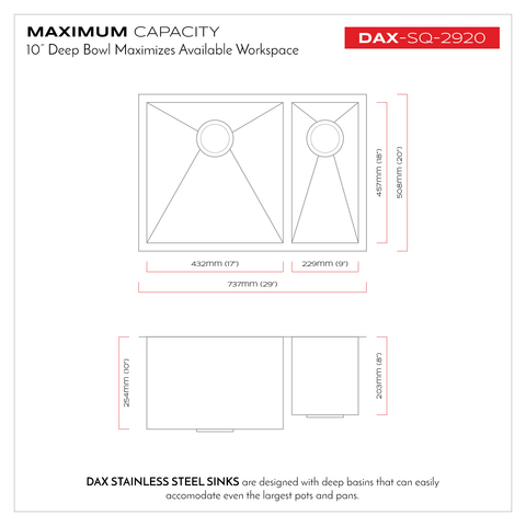 DAX Handmade 70/30 Square Double Bowl Undermount Kitchen Sink, 16 Gauge Stainless Steel, Brushed Finish, 29 x 10 x 20 Inches (DAX-SQ-2920)