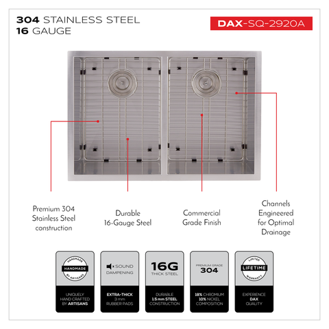 DAX Handmade 50/50 Square Double Bowl Undermount Kitchen Sink, 16 Gauge Stainless Steel, Brushed Finish, 29 x 10 x 20 Inches (DAX-SQ-2920A)