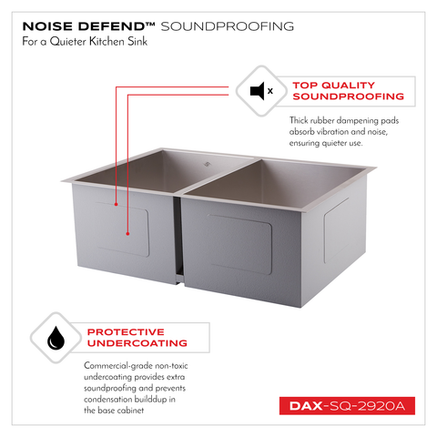 DAX Handmade 50/50 Square Double Bowl Undermount Kitchen Sink, 16 Gauge Stainless Steel, Brushed Finish, 29 x 10 x 20 Inches (DAX-SQ-2920A)