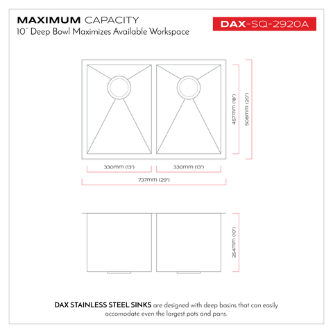 DAX Handmade 50/50 Square Double Bowl Undermount Kitchen Sink, 16 Gauge Stainless Steel, Brushed Finish, 29 x 10 x 20 Inches (DAX-SQ-2920A)