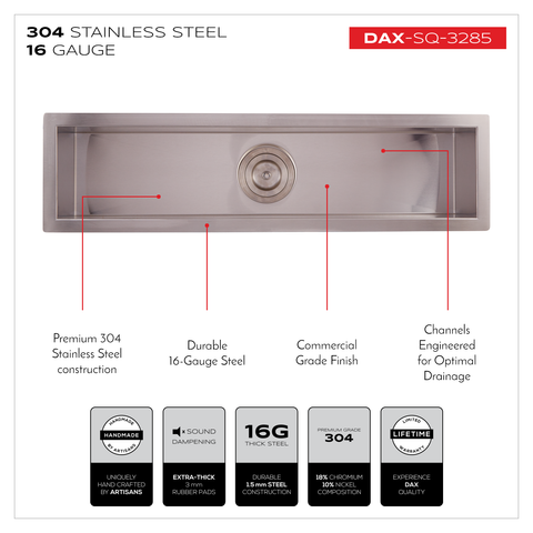 DAX Handmade Undermount Bar Sink, 16 Gauge Stainless Steel, Brushed Finish, 32 x 8-1/2 x 6 Inches (DAX-SQ-3285)